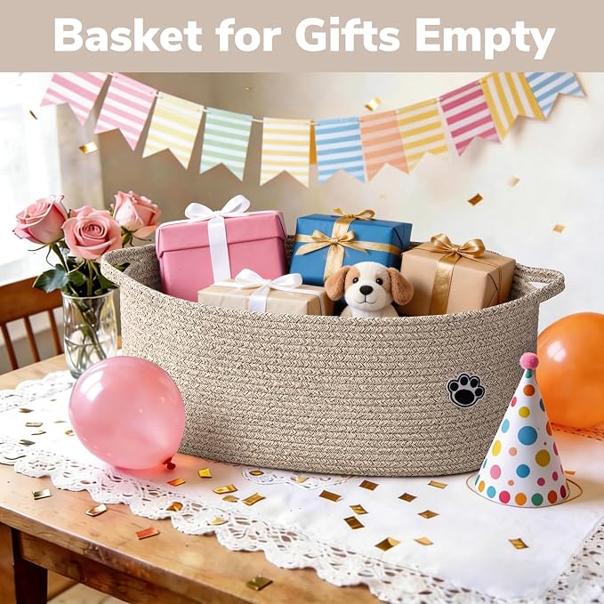 30L Large Woven Rope Dog Toy Basket with Paw Print, Brown | 19.7" x 11" x 7.9" Dog Toy Bin & Box with Handles, Storage Basket for Blankets Towels, Fits Living Room Nursery Bedroom