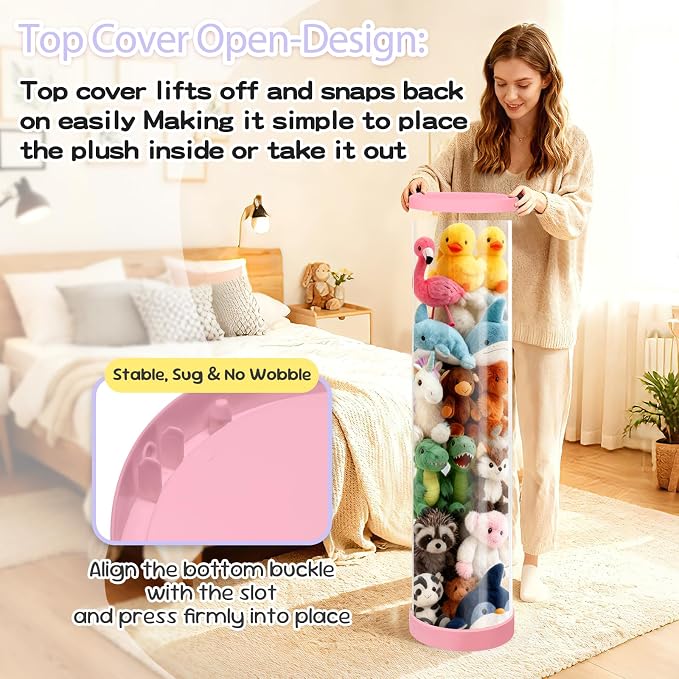 Stuffed Animal Storage Tube, Dust-Resistant 47x11 Inches Large Capacity Toy Storage Organizer with Zipper, Easy Assembly & Space Saving for Plush Toys, Playrooms Living Rooms Bedrooms Pink