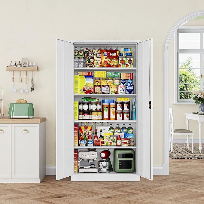 Metal Garage Storage Cabinets with Lock Door and Adjustable Shelves, Steel Tool Cabinets for Home,Office,Warehouse Organisieren (White, 71" H)