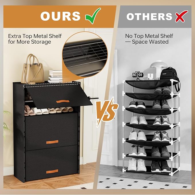 6-Tier Shoe Storage Cabinet with Fabric Cover, Hard Flip Doors, Holds 18–24 Pairs, Enclosed Dustproof Shoe Rack Organizer for Entryway, Closet & Bedroom, Shoe Shelf, Black, 27.8" x 12.0" x 41.9"