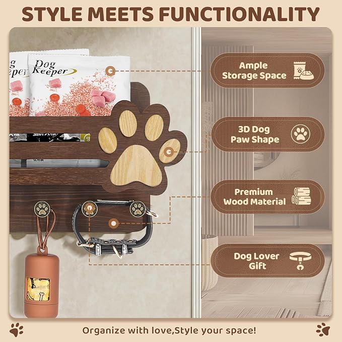 MTERSN Dog Leash Holder for Wall with Mail Holder for Pet Lovers,Dark Brown | Acacia Wood, Adorable 3D Paw-print Design, 6 Hooks, Store Treats & Dog Food, Dog Accessories Organizer, Home Organization