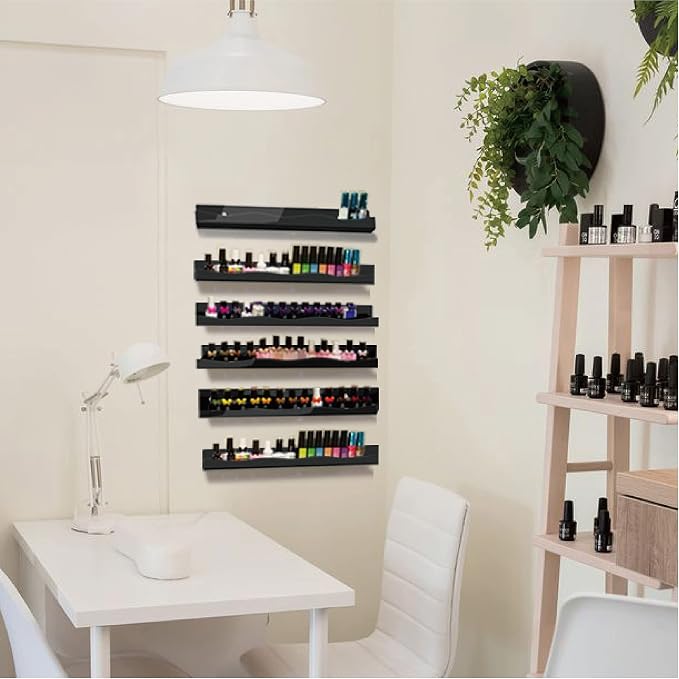 15" Nail Polish Rack Wall Mounted Shelf,6 Pack Black Acrylic Organizer Supplies for Nail Techs,Great Display for Salons Retailers