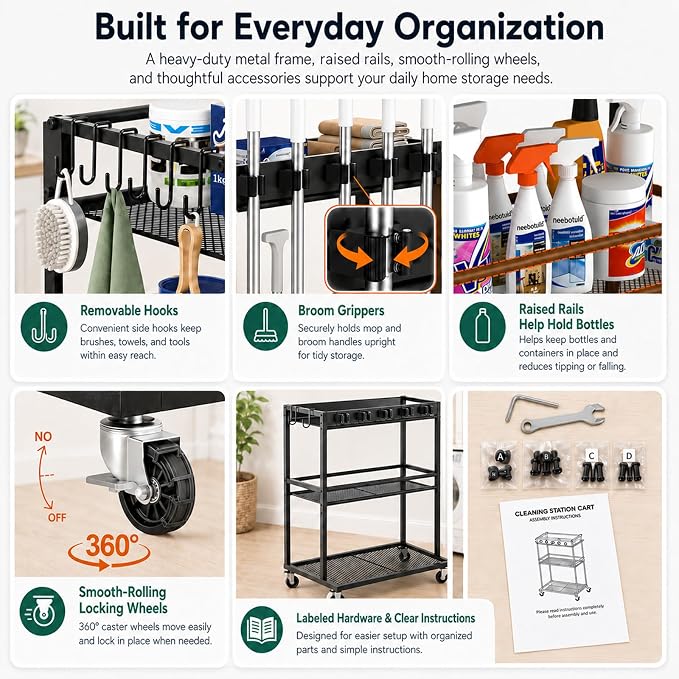 Cleaning Supplies Organizer Cart with Wheels, Broom and Mop Holder with 5 Grippers, 6 Hooks, 3 Shelves, Rolling Broom Closet Storage Rack for Laundry Room, Kitchen, Bathroom, Garage, Poolside