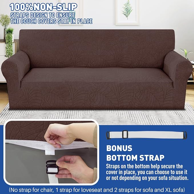 YEMYHOM Couch Cover Latest Jacquard Design High Stretch Sofa Chair Covers for Living Room, Pet Dog Cat Proof Armchair Slipcover Non Slip Magic Elastic Furniture Protector (Small, Begonia Leaf Coffee)