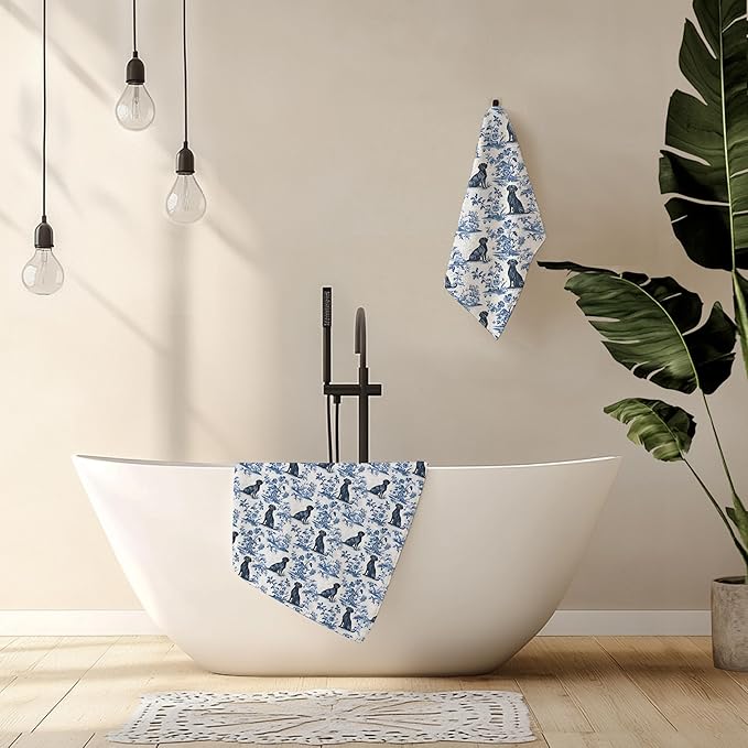 Chinoiserie Labrador Retriever Kitchen Towels Set of 2, Blue and White Botanical Grandmillennial Dog Decorative Dish Tea Towels, Labrador Retriever Gifts for Kitchen Bathroom Decor, 16x24 Inch