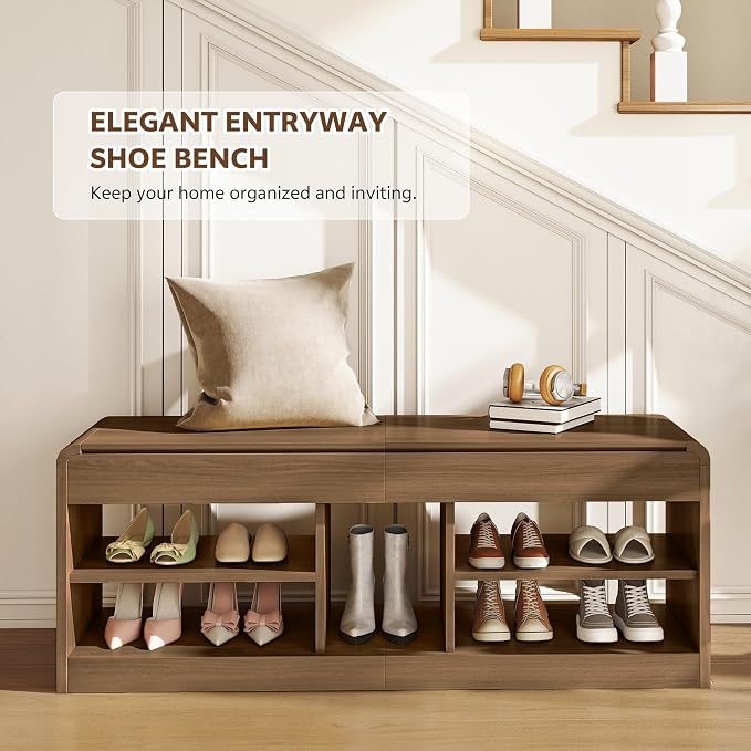 Shoe Storage Bench with Flip-Open Box & Shelf, Walnut | 47.2in Bench Fits Hallways, Bedrooms And Living Room, With Sturdy Wood Construction For Daily Use