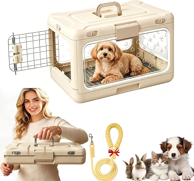 Foldable Hard Cat Carrier, Transparent Pet Crate for Cats & Small Dogs, Collapsible Travel Kennel with Ventilation & Urine Pad Mesh Grid, Portable Travel cage, Essential for pet Travel, Apricot