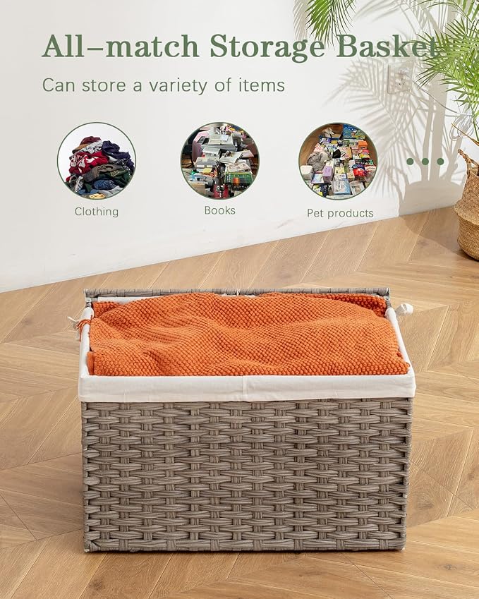 SETVSON Storage Basket with Lid, PE Rattan Woven Storage Bin, Gray | Dual Lid Blanket & Clothes Organizer, Divided Storage Bin, 2 Washable Liner Bags, Collapsible PE Rattan Trunk