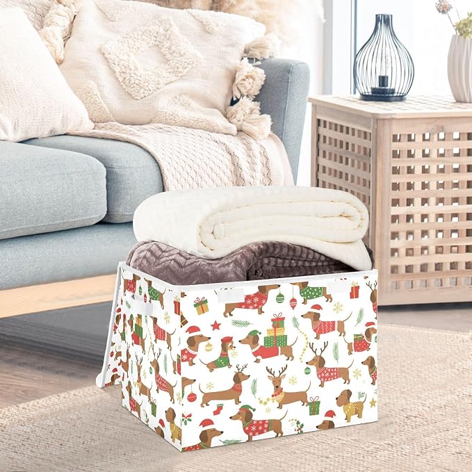 Dogs Christmas Storage Bins with Lids Closet Bedroom 40L Fabric Bin | Decorative Storage Boxes, Foldable & Stackable, Dust-Proof Flip Top, Reinforced Handles, For Home & Dorm, Clothes & Toy Box
