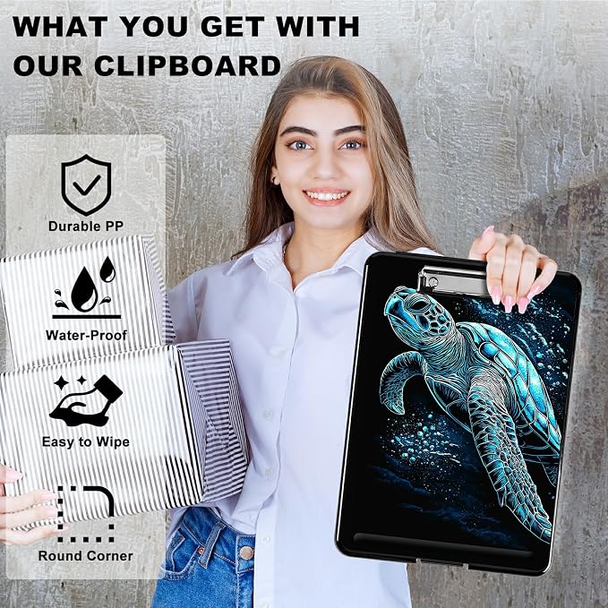 Heavy Duty Storage Clipboard, Slim Nursing Clipboard with Internal Pen Case, Portable File Organizer Case for A4 Letter Size Paper Office Medical Professionals, Blue Black Turtle