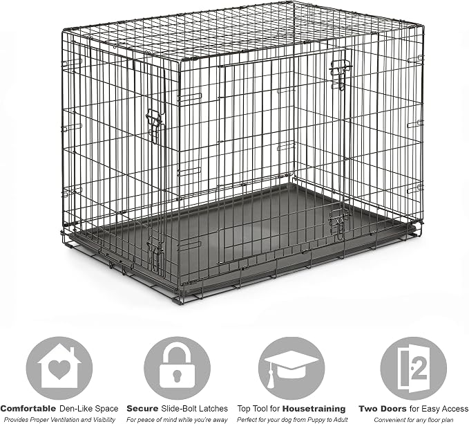 New World by Midwest 42-Inch Double Door Crate, for Large Breeds, 71-90 lbs | Folding Dog Crate, Leak-Proof Tray & Secure Latches, Portable, Durable & Easy to Assemble