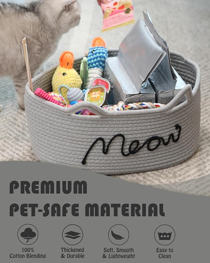 Sea Team Cat Toy Storage Basket with Handles and Ears, Gray Meow | Large Cotton Rope Storage Bin, Shelf Basket, Organizer for Pet Chew Toys, Foods, 16.5 x 11 x 7 Inches, 4.4 Gallons