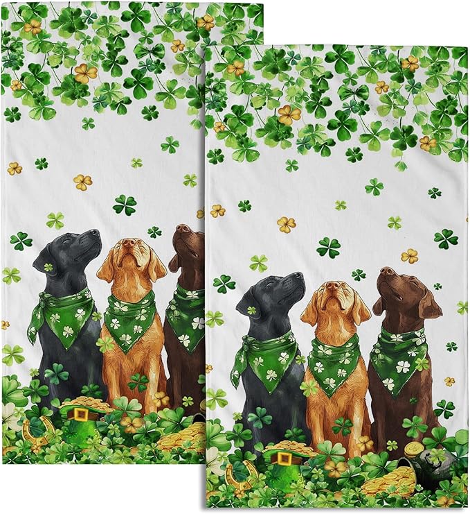 Giwawa St Patrick Dog Towel Set of 2, Falling Lucky Clover Shamrocks Decorative Hand Towels, Patrick's Day Hat Puppy Soft Microfiber Face Towel Washcloth for Bathroom Guest Gym Spa Hotel