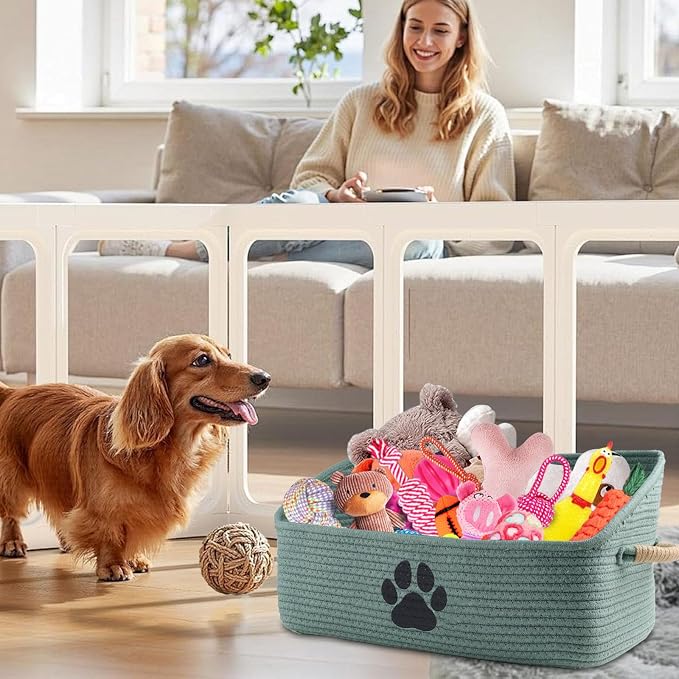 2 pack Woven Dog Toys Basket, 100% Cotton Rope Dog Toy Box for Living Room Area, Trapezoid Pet Toys Bin with Sturdy Handle, Puppy Bed, Green Baskets for Pet Toys/Collar/Leash/Blanket