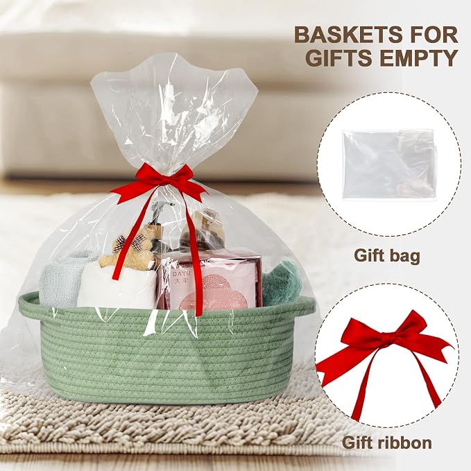 Small Baskets for Gifts Empty, 13"x 9"x 5" Woven Gift Basket with Bag and Ribbon, Cotton Rope Kids Dog Cat Toy Bin Box, Cute Baby Nursery Organizer, Decorative Storage with Handles, Green