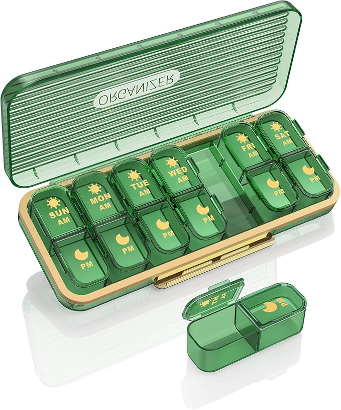 Acedada Pill Organizer 2 Times A Day, 7 Day Am Pm Pill Box, Green | Weekly Pill Organizer with Separate Container, Portable Daily Medicine Dispenser Case for Vitamin, Fish Oils, Supplements