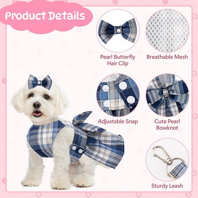 Coppthinktu Plaid Dog Dresses for Small Dogs Girl Bowknot Harness Leash Set