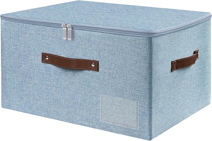 ANMINY Storage Box Fabric Bins with Zipper Lid, 17.7"x13.8"x10" Blue | Keepsake Box, Decorative, Cotton Linen, Reinforced PP Board Frame, Washable, Stackable & Foldable, Label Holder & PU Handles