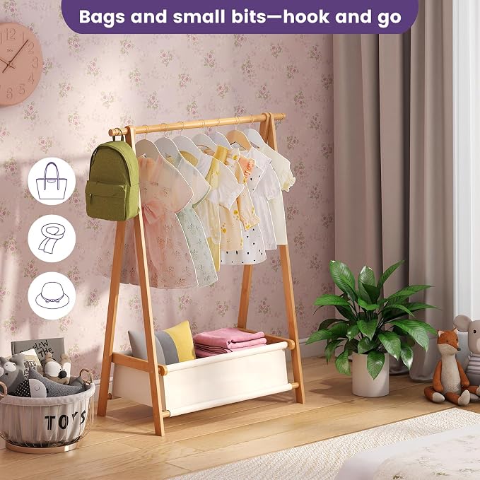 Clothing Rack, Coat Rack Freestanding for Hanging Clothes, Dress up Rack with Storage Basket,Closet Organizer for Hanging Clothes (Short)