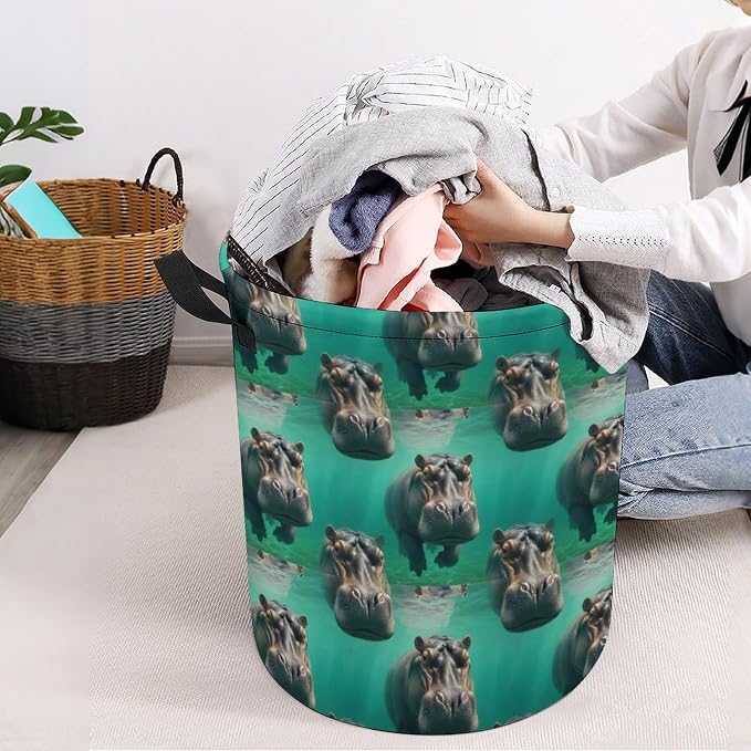 Collapsible Laundry Hamper with Handles Diving Hippo, Large Waterproof Clothes Basket for Bedroom, Bathroom, and Toy Storage Organization