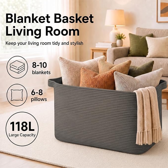 OIASKET 118L Extra Large Blanket Basket Living Room, 24.8"x17.7"x16.2" | Woven Rope Baskets for Storage, Nursery Blanket Storage for Living Room, Toy Basket with Handle Organizing Comforter Pillows