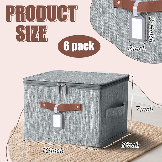 6 Pack Fabric Bins with Lids, 10 x 8 x 7 Inch Fabric Storage Bins with Zipper Lids and Labels, Decorative Foldable Storage Cubes with Handles for Closet Nursery Shelf Organization, Gray