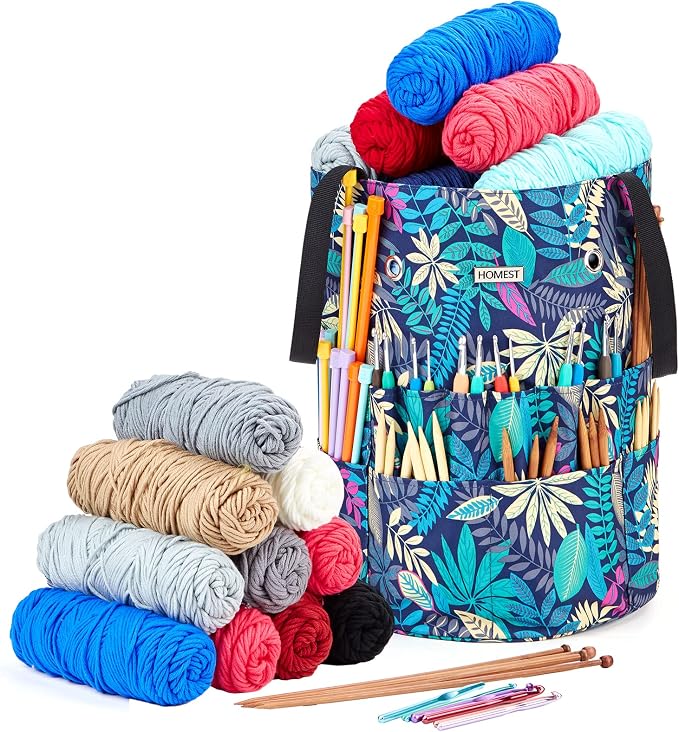 HOMEST Crochet Bag Organizer for Yarn Storage, and Knitting Accessories | Customized front compartment, 6 oversized grommets and drawstring closure for hooks, needles and projects, Floral