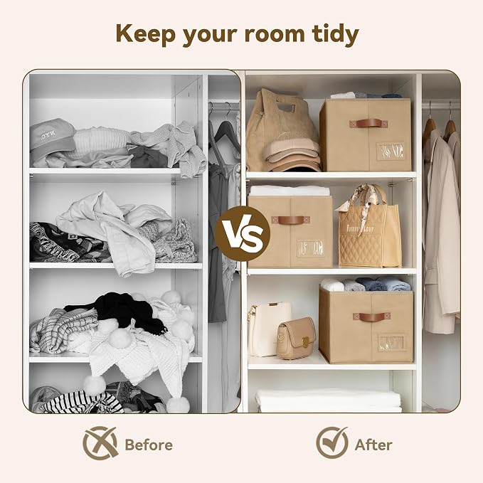 GRANNY SAYS Closet Storage Bins with Label, Brown, Large, 3-Pack | Fabric Storage Bins with PU Handles, Closet Organizers and Storage Bins, Decorative Storage Boxes for Clothes