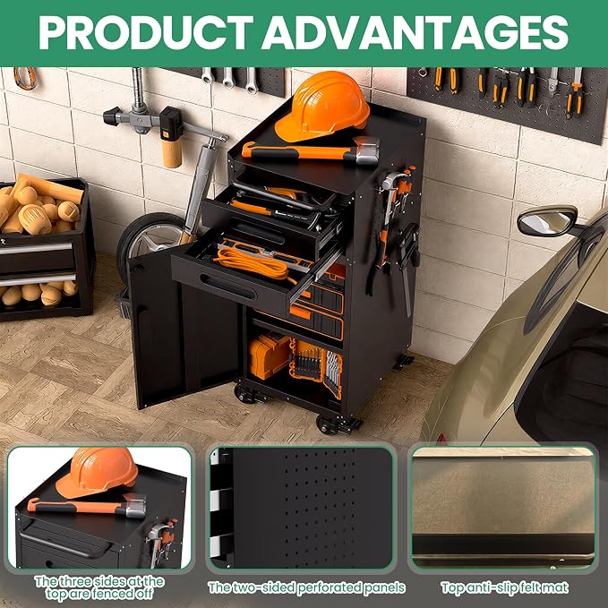 Garage Storage Cabinet,Metal Rolling Tool Cabinet with 2 Pegboard and 10 Hook,Heavy Duty Mechanics Tool Chest Storage for Workshop, Basement,Warehouse,Include Workbench Liner,Black
