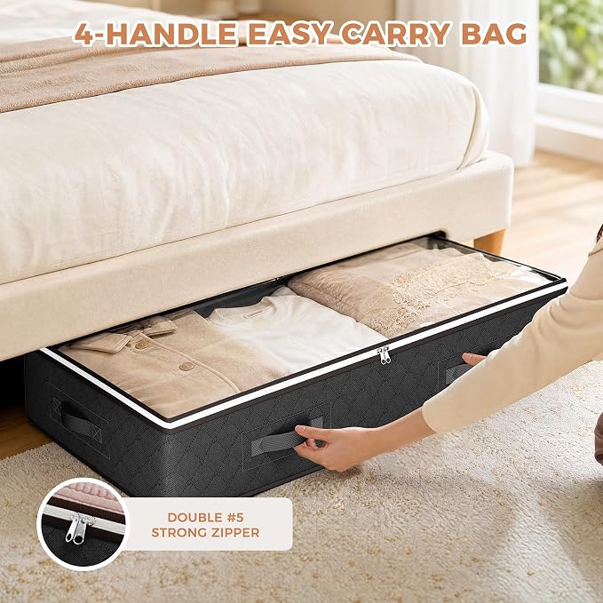 Under Bed Storage Containers with Clear Lids, 4 Pack | Underbed Storage Bags for Blankets, Towels, Comforter, Sweaters, Linen Sheets, Wrapping Paper