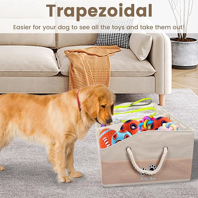 Large Dog Toy Basket with Handle, Foldable Dog Toy Box for Living Room Area , 28.5" Basket for Dog's Supplies, Organizer and Storage with Hard Board, Anti-Slip for Pet Toys (Beige, Large 28.5"×15")