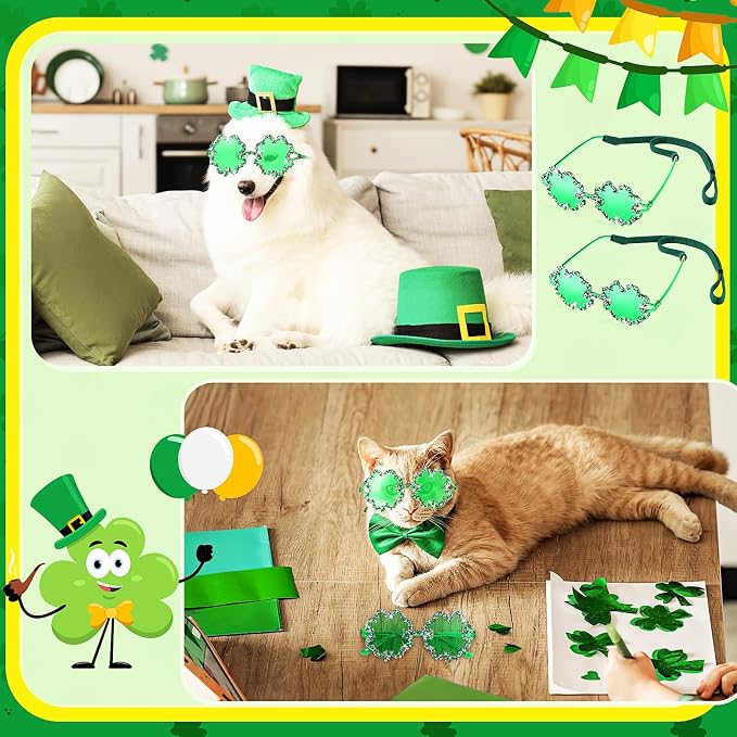 St. Patrick's Day Dog Sunglasses with Adjustable Strap, Green Shamrock Pet Glasses Accessory for Medium Large Dogs Cats, Irish Festival Parade Costume & Photo Prop(4 Leaf Clover)