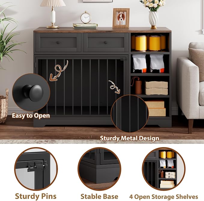 Wooden Dog Crate Furniture, Indoor Dog Kennel TV Stand with Storage, Black | 2 Drawers and 4 Open Shelves, Multi-Functional Dog Kennel for Small, Medium and Large Dogs