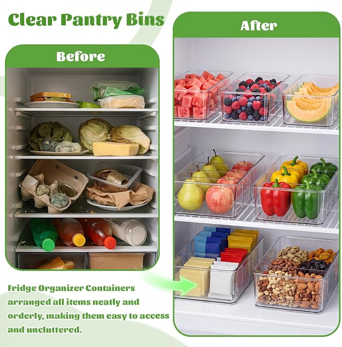 Mifoci 16 Pcs Snack Pantry Organizer and Storage, Clear Plastic Storage Bin for Pantry Shelf with 3 Divider & No Divider, Stackable Container Box with Handle for Kitchen Cabinet Fridge Closet Bathroom