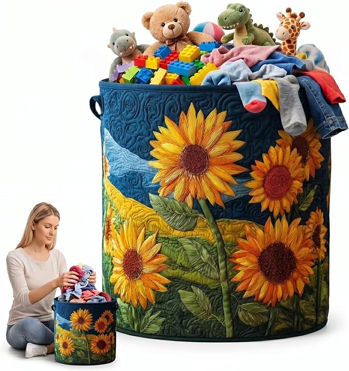 Sunflower Laundry Basket Quilted Flower Pattern Clothes Hamper Canvas Toy Storage Bin Round Fabric Blanket Organizer with Handles(14"x 18")