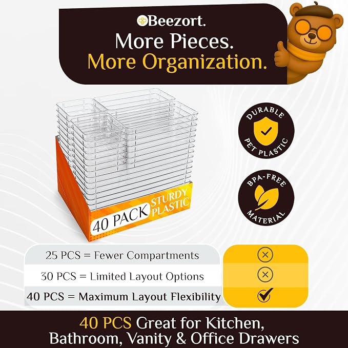 40 PCS Clear Drawer Organizer Set, BPA-Free PET Plastic Trays with Non-Slip Pads, Nesting Storage Organizers for Kitchen Drawer, Bathroom, Vanity Makeup, Office Desk