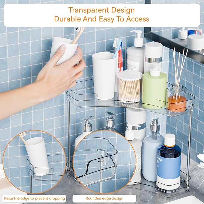2 Tier Corner Bathroom Counter Organizer,Clear Sink Shelf,Bathroom Corner Organizer and Storage for Restroom,Vanity Countertop,Two Tier Small Sink Organizers & Rack for Makeup,Beauty Product