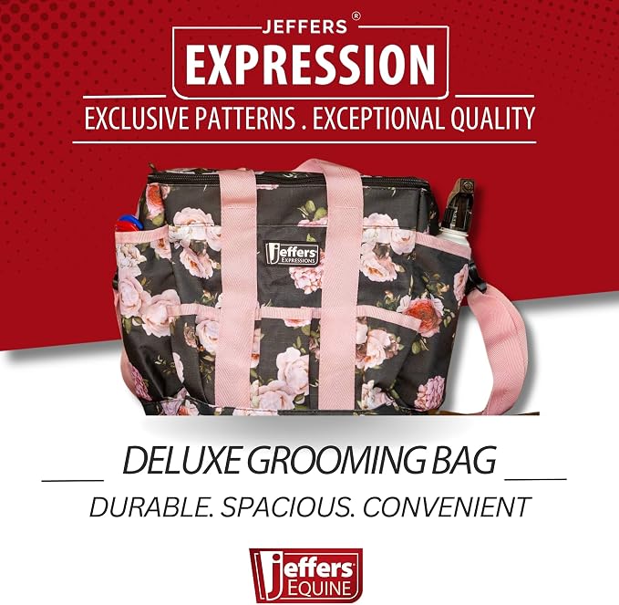 Jeffers Expression Deluxe Horse Grooming Bag – Large Zip Top Equestrian Tote w/Multiple Pockets, Handles & Adjustable Shoulder Strap, Padded Feet for Barn Essentials 11.5"x10.5"x8.5" - Rose Garden