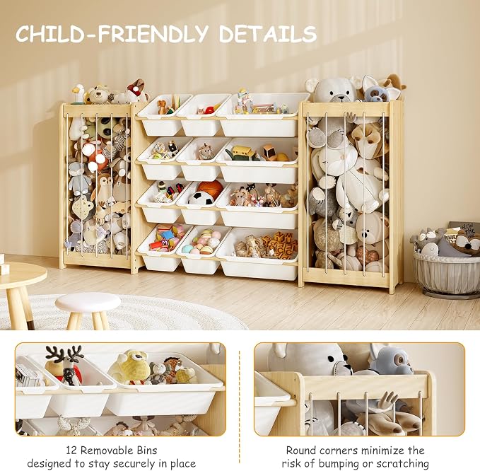 EXPERLAM Large Toy Storage Organizer, Wooden Stuffed Animal Storage & 12-Bins Toy Organizer, Double-Sided Plush Toy Holder Featuring Thicker Ropes, Space Save Playroom Nursery Bedroom Storage, White