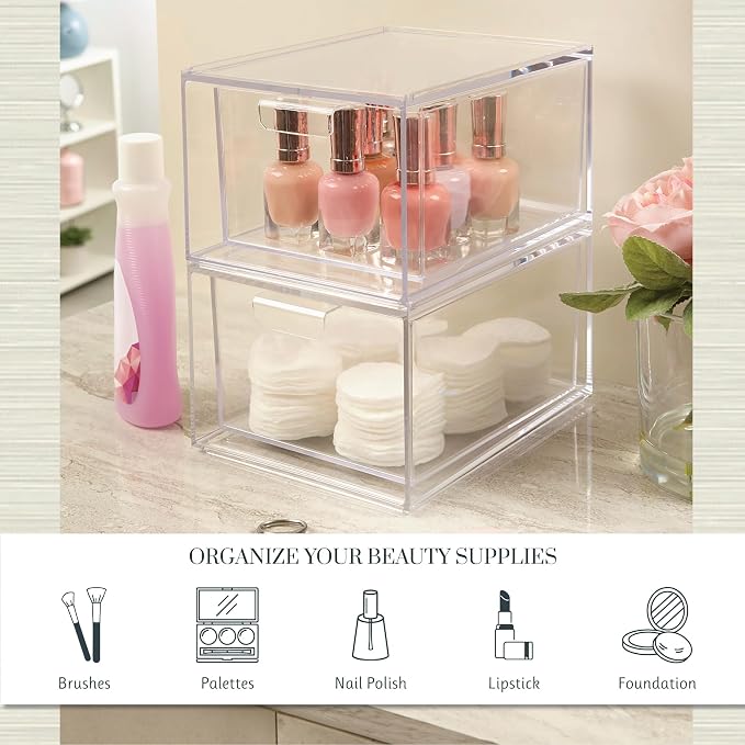 STORi Audrey Stackable Clear Bin Plastic Organizer Drawers | 2 Piece Set | Organize Cosmetics and Beauty Supplies on a Vanity | Made in USA (Pack of 3)