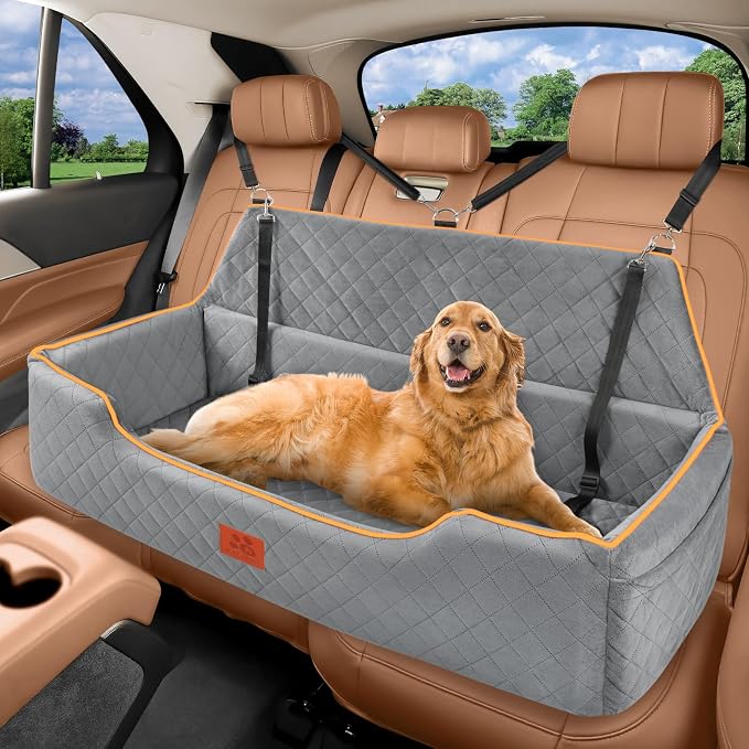 XIEEAOZEE Large Dog Car Seat for Pets Under 100 lbs, Backseat Dog Car Bed | Washable Pet Booster Seat for 2 Medium Dogs, Pet Travel Seat with Storage Pockets, Safety Belts