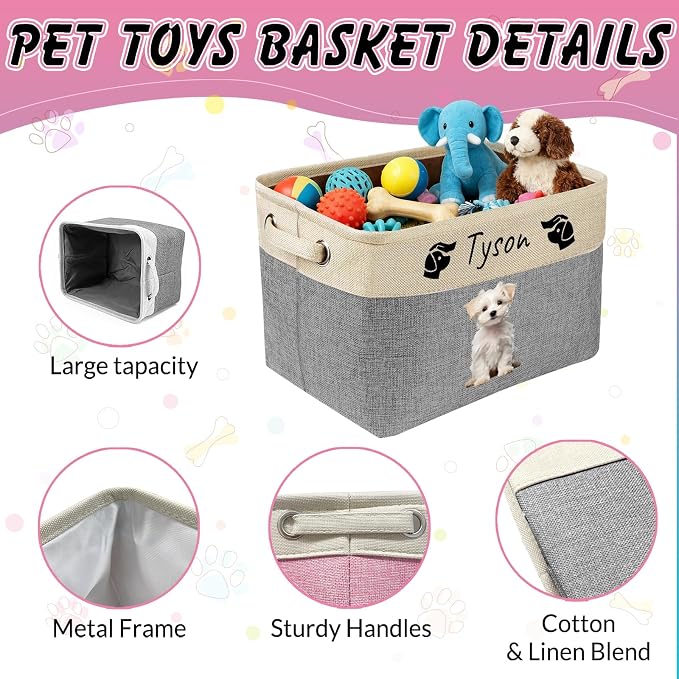 Personalized Dog Toy Basket Collapsible Storage Organizer Bin with Custom Pet Name Photo Foldable Canvas Box for Toys, Treats, Leash, Clothes Blankets Portable Handle Design