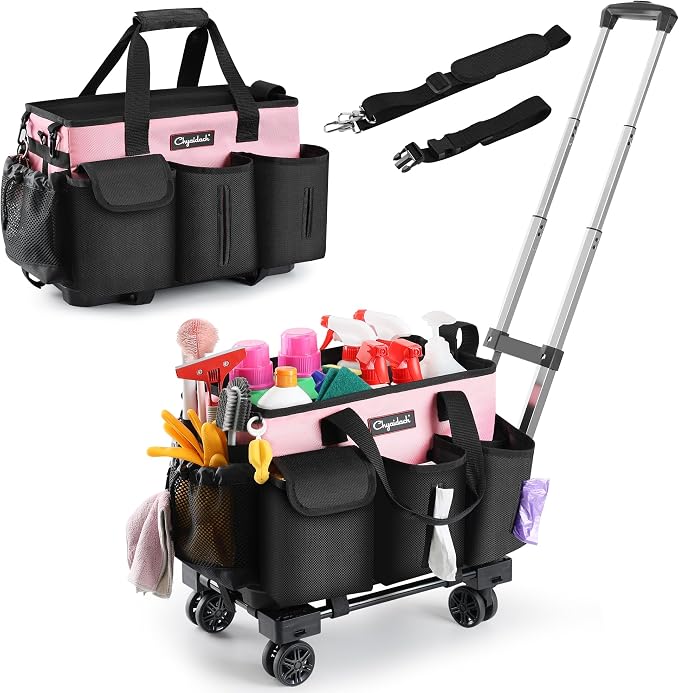 Chyaidach Rolling Cleaning Caddy, Cleaning Supplies Organizer with Trolley, Wearable Cleaning Tote Bag on Wheels with Hard Bottom, Cleaning Carts for Housekeepers/Home/Car/Office/Picnic (Pink)