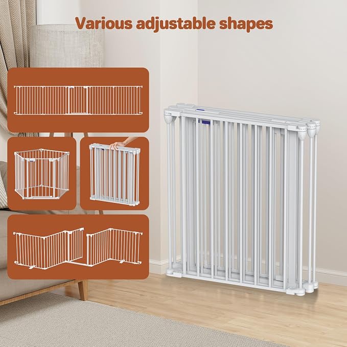 Kfvigoho Dog Gate 27.5"-129" Extra-Wide Playpen, Freestanding Pet Gate | Puppy Fence with Auto-Close Door, Double Locking System for Fireplace, Foldable White, 5 Panels