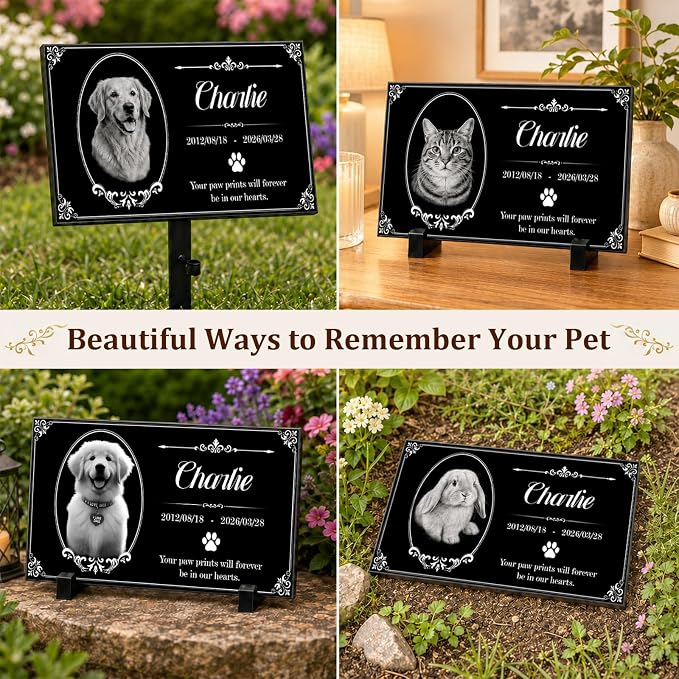 Personalized Pet Memorial Stone, Custom Granite Pet Grave Marker | for Dogs & Cats , Engraved Memorial Plaque with Photo Name Dates & Message, Indoor Outdoor Garden or Tabletop Display