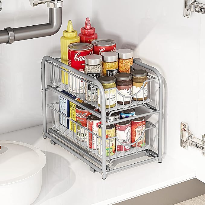 2-Tier Pull Out Organizer Under Sink Sliding Cabinet Rack,Sliver | Stackable sliding basket metal organizer with adjustable height and anti slip pad. Ideal for under sink or cabinet storage.