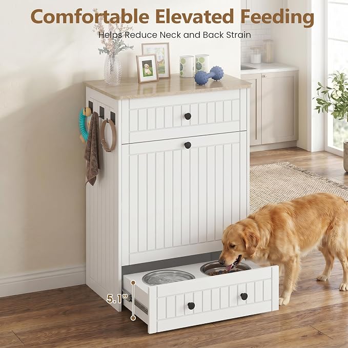 Dog Feeding Station Cabinet Elevated Bowls (White, Classic Panel) | Slow Feeder Insert, Large food bin, Removable Divider, 3 Side Hooks, Pull-Out Drawer, Easy to Clean for Small & Middle Dogs
