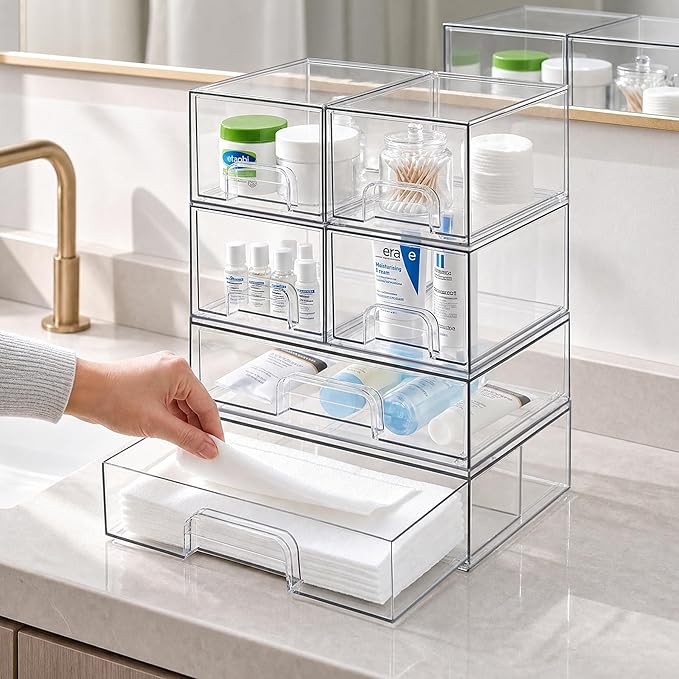 Clear Stackable Storage Drawers, Acrylic Bathroom Makeup Organizer, Plastic Bins for Art Tool & Sketch, Sturdy and Durable Containers for Countertop, Cabinet, Vanity, Pantry Organization