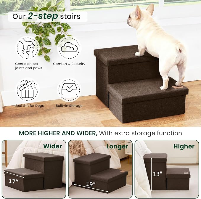 Love's cabin Dog Stairs for High Bed, Foldable Pet Stairs for Small Medium or Large Dogs Puppy with Storage for Bed or Couch, Cat Dog Steps Ramp with Zip up to 200 lbs, Coffee, 2 Steps