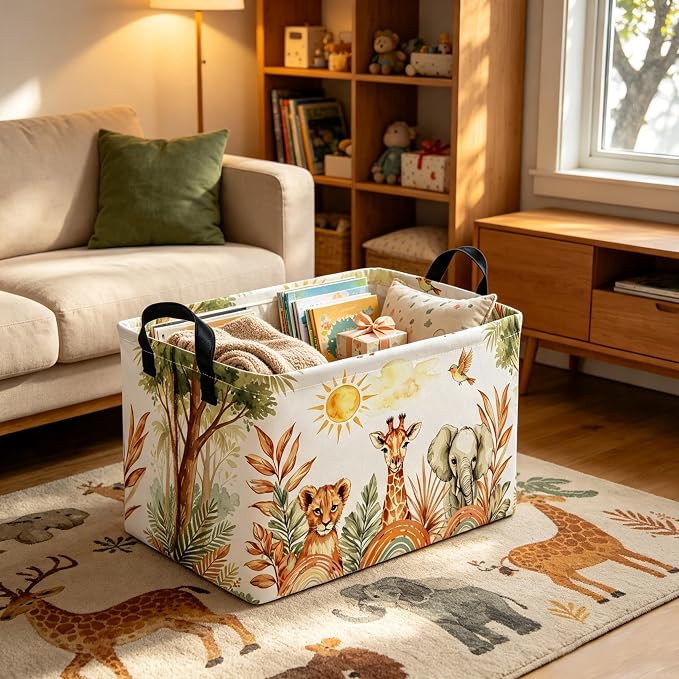 Rectangular Animal Baskets,Collapsible Gift Basket with Handles,Book Bins,Shelf Basket(Yellow animal)